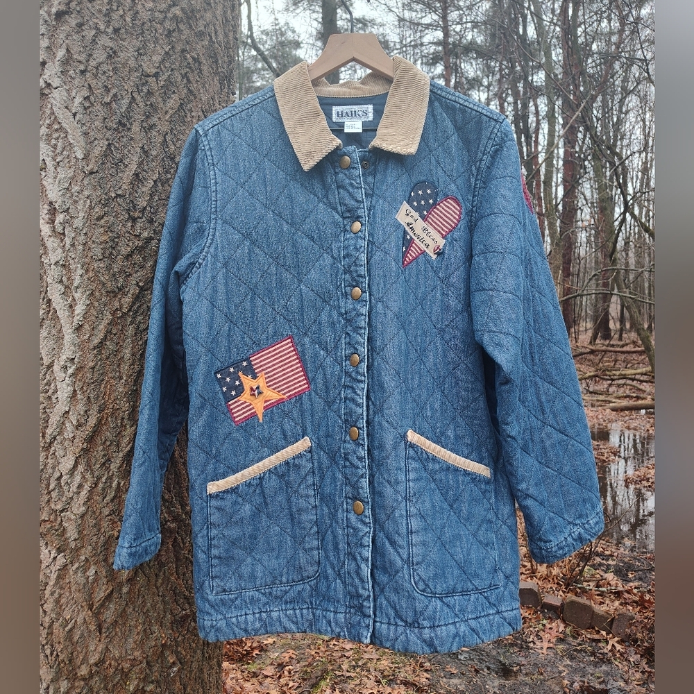 Country Americana Quilted Denim Chore Jacket Corduroy Flag Patches Patriotic L